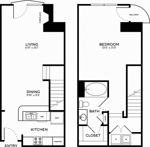 Floor plan for 1 bed, 1 bath, 910 sqft